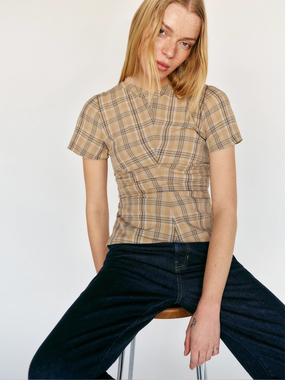 Reformation Lior Top Tan Plaid NWOT